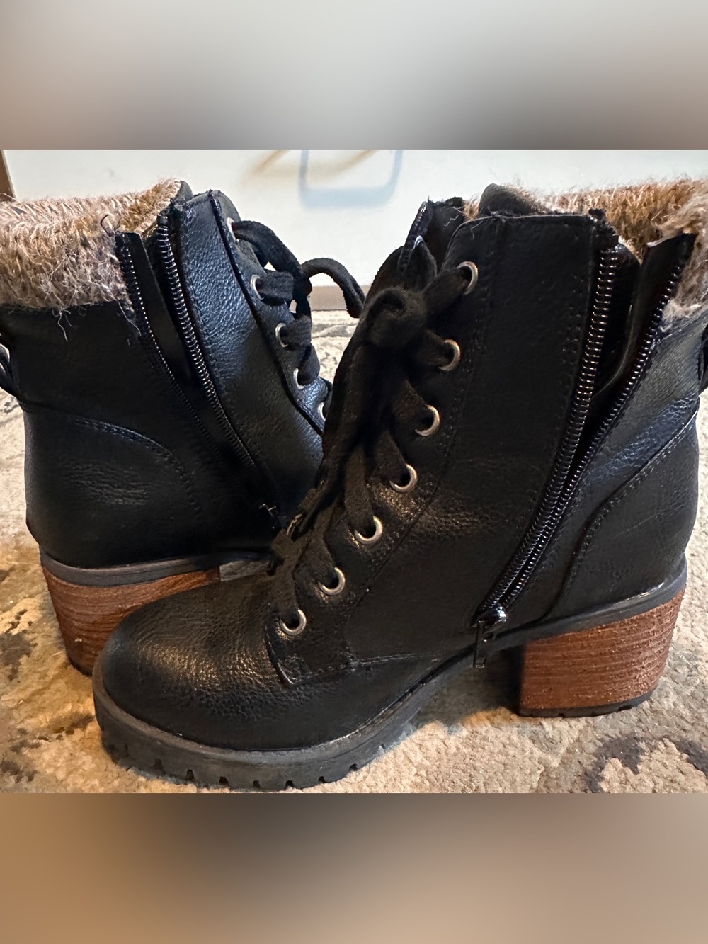 Steve Madden Black Lace-Up Ankle Boots with Faux-Fur Collar